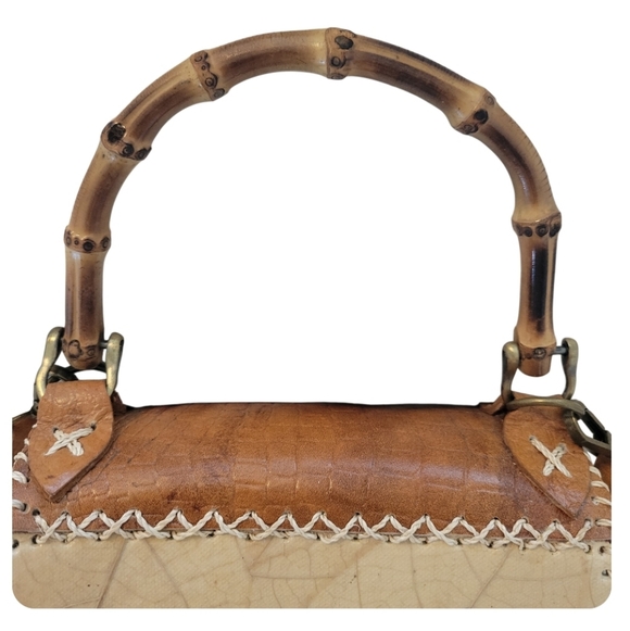 HANDMADE New Fossilized Cacao Leaves Bamboo Cream Brown Crossbody Bag Leather - Picture 4 of 12